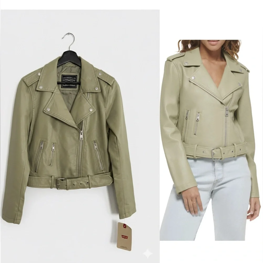NWT Levi’s Faux Leather Belted Moto Jacket - Sage Green Size S
